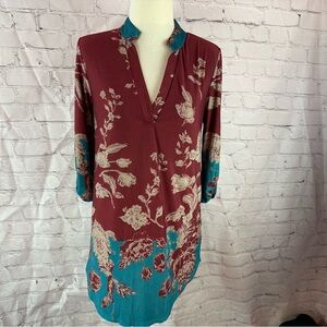 NWT boutique floral tunic classic boho business casual vneck 3/4 tab sleeve plus
